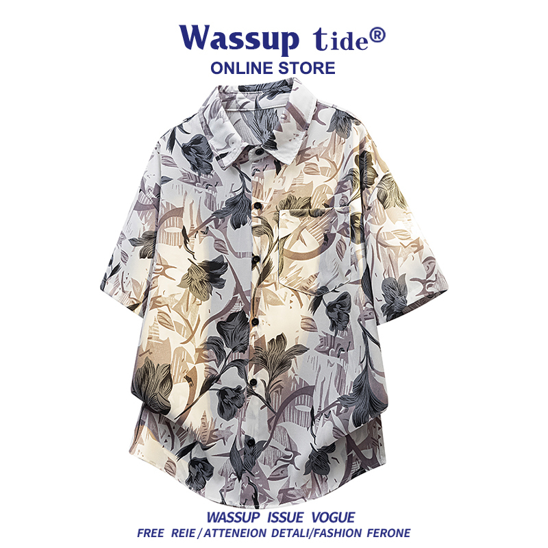 Wassup Tide Retro Ink Print Short-Sleeved Shirt Spring and Summer Trendy Brand Loose and Versatile Couple Half-Sleeved Shirt