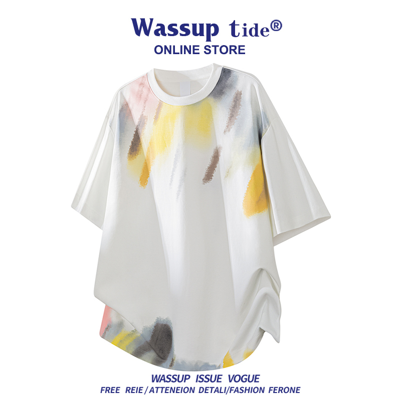 Wassup Tide Summer Watercolor Tie-Dye Short-Sleeved T-Shirt for Men, Loose Casual Trendy Brand Artistic Gradient Top