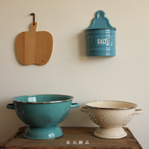 European-style retro heavy enamel fruit basin drain basket Beige vegetable washing basket Blue large drain bowl