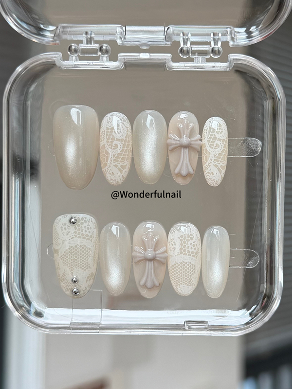 Wonderfulnail Light-Colored Handmade ins Style White Female Style Cross Lace Medium Oval Press-On Nails