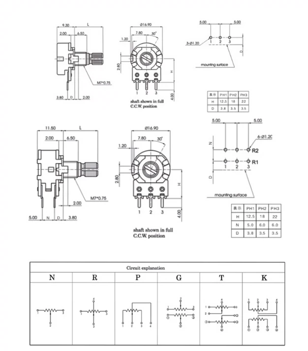 WH148 B10K chiết áp đơn tay cầm dài 15MM B1K2K5K20K50K100K250K500K1M chiết áp tocos chiết áp b500k