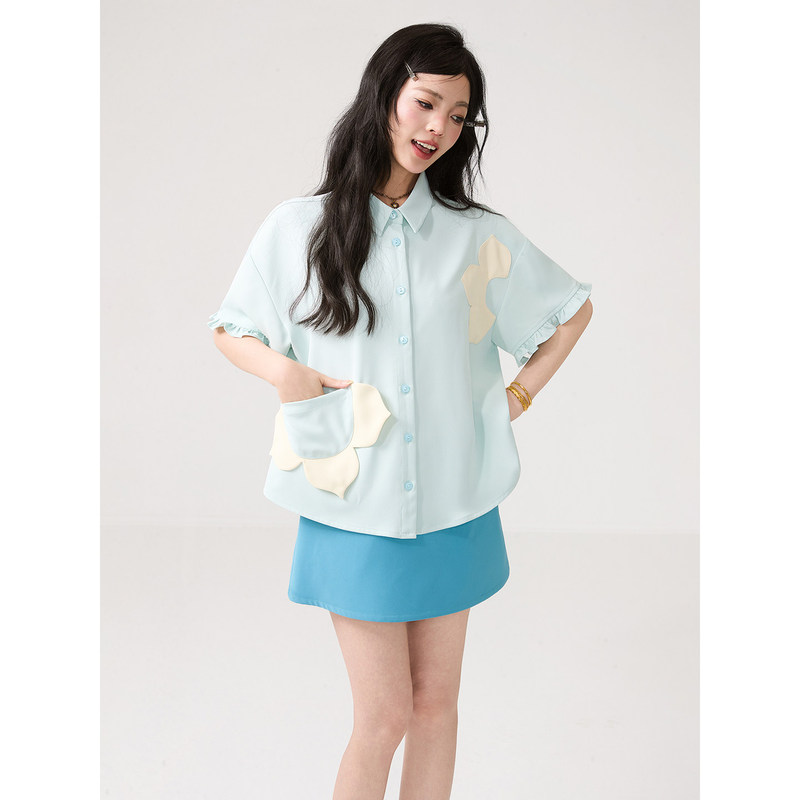 Keiko Delicate Petal Pocket Short-Sleeve Shirt, Summer Design, Niche Style, Drapey, Wrinkle-Resistant, Loose Casual Top Keiko Delicate Petal Pocket Short-Sleeve Shirt, Summer Design, Niche Style, Drapey, Wrinkle-Resistant, Loose Casual Top