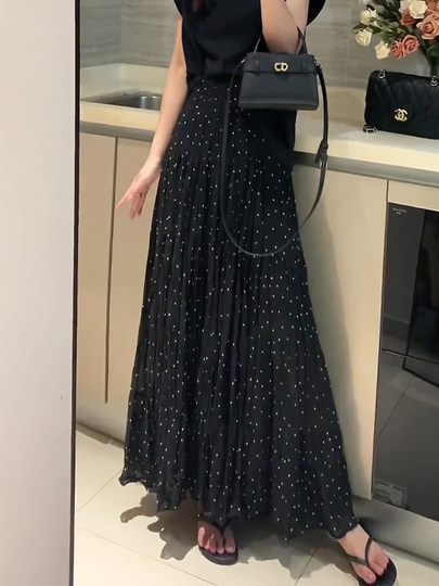 Black Polka Dot Print Skirt for Women 2025 Summer New Fashion Trendy Elegant High-Waisted Drapey A-Line Skirt