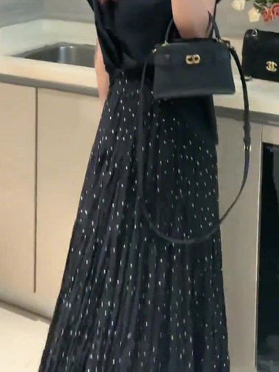 Black Polka Dot Print Skirt for Women 2025 Summer New Fashion Trendy Elegant High-Waisted Drapey A-Line Skirt