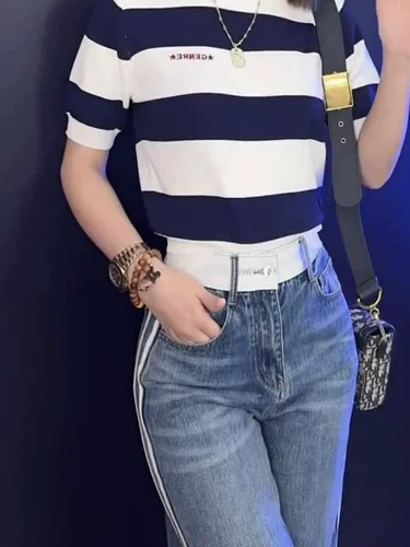 初乙 Летние модные джинсы, весенние штаны, высокая талия, изысканный стиль, свободный прямой крой