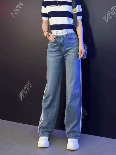 初乙 Летние модные джинсы, весенние штаны, высокая талия, изысканный стиль, свободный прямой крой