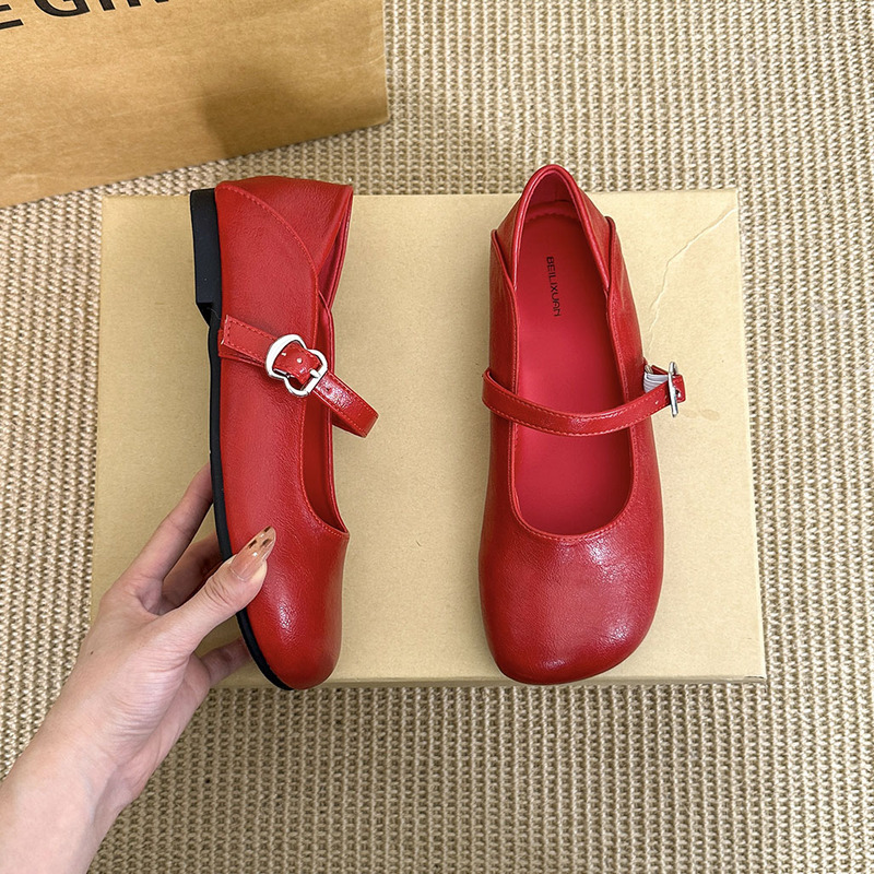 French-Style Soft Leather Red Mary Jane Shoes for Women, 2026 Spring/Summer Flat Shallow Mouth Versatile Soft-Soled Ballet Granny Shoes