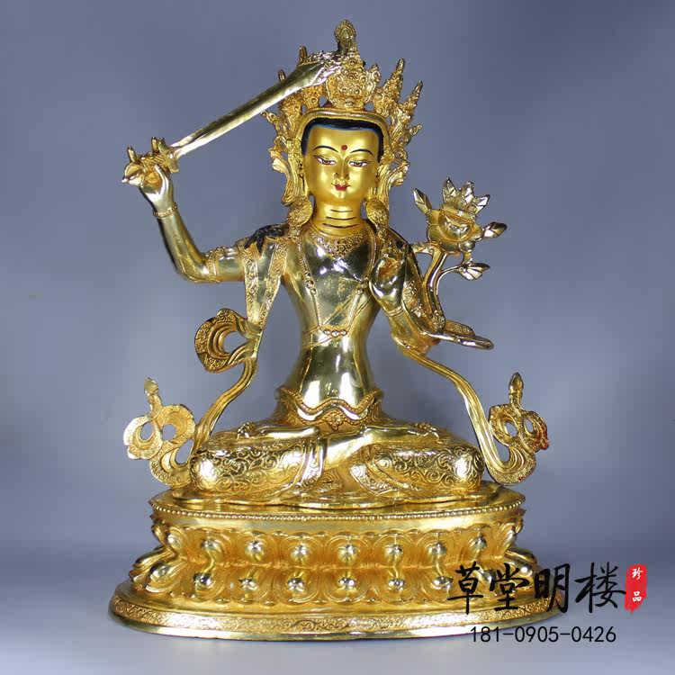 Tibetan Buddhism Manjusri's Bodhisattva pure bronze and golden double seat Venetian Shi is a ruler of five words, Manjusri Buddha.