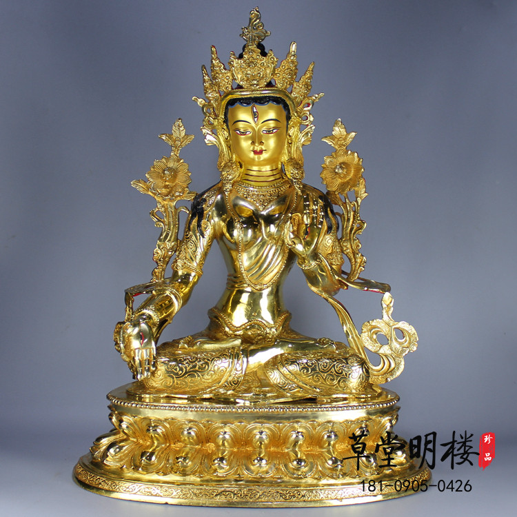 Tibetan Tantric pure copper white Tara full gilt two-seat fine bronze statue one foot five high Buddha statue can be stored