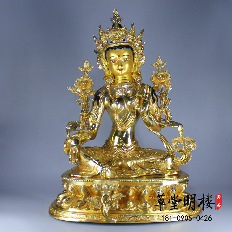 Tibetan Buddhism The green degree Mother Buddha statue pure bronze and gold double seat Chapo Mavero One ruler 5 high bronze Buddha statue can be contained