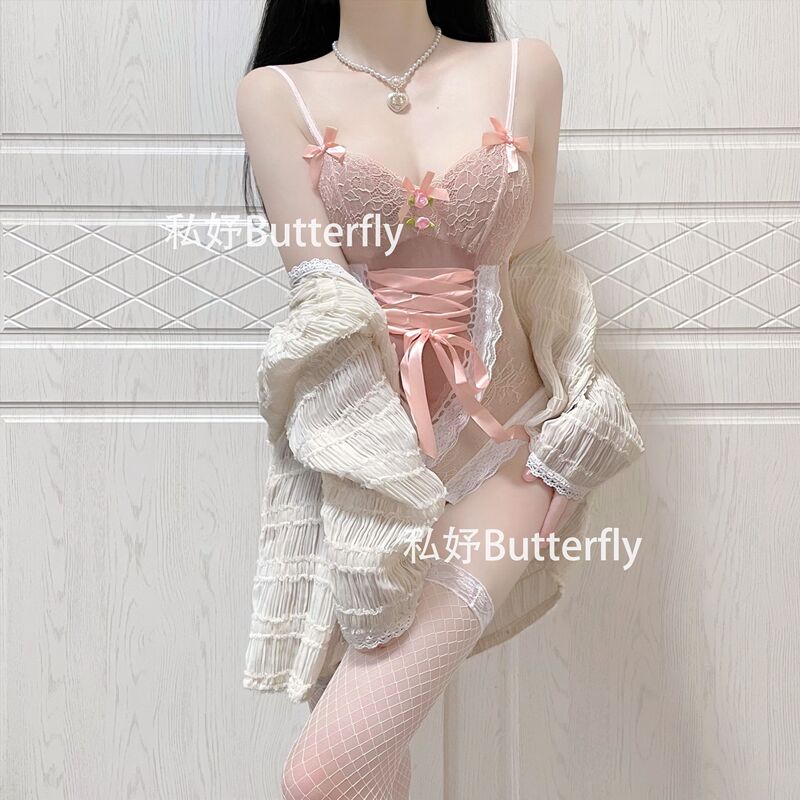Private Care: Sweet Trap ~ Sweet Pink Pastoral Sling Floral Lace One-Piece Sexy Can Be Worn Outside and Inside
