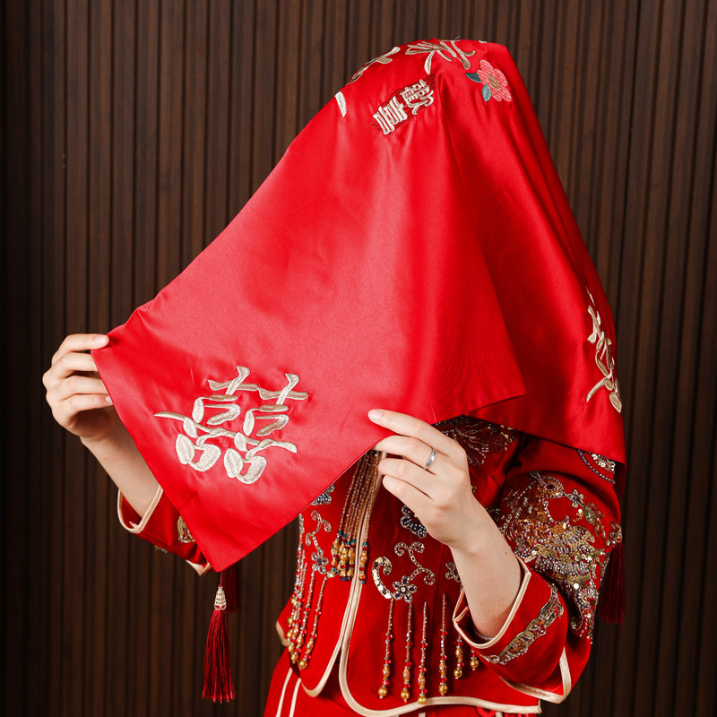 结婚礼红盖头道具新娘出嫁蒙头红色中式秀禾高档刺绣龙凤呈祥头巾-新娘配件-淘宝百科网
