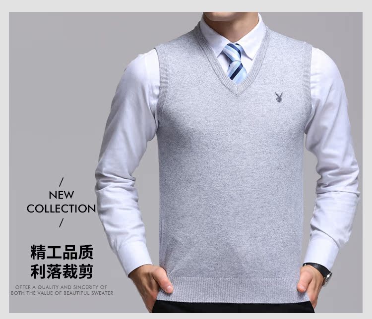 Mùa thu Playboy người đàn ông trung niên của áo len màu rắn vest vest v- cổ áo len áo gi lê trùm đầu cha