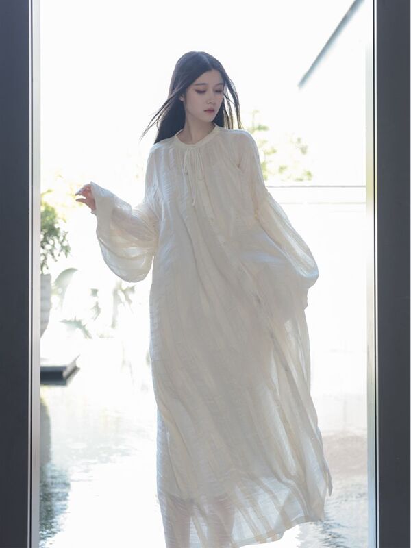 New Chinese-Style Long White Lantern Sleeve Loose-Fitting Elegant Mori Girl French Slimming Fairy Dress 2026