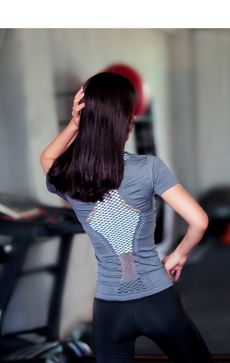 Quần short thể thao nữ tay ngắn cổ tròn làm đẹp lưng áo thun co giãn cao thoáng khí tập yoga bó sát thể dục quần áo nhanh khô mùa hè áo top tank