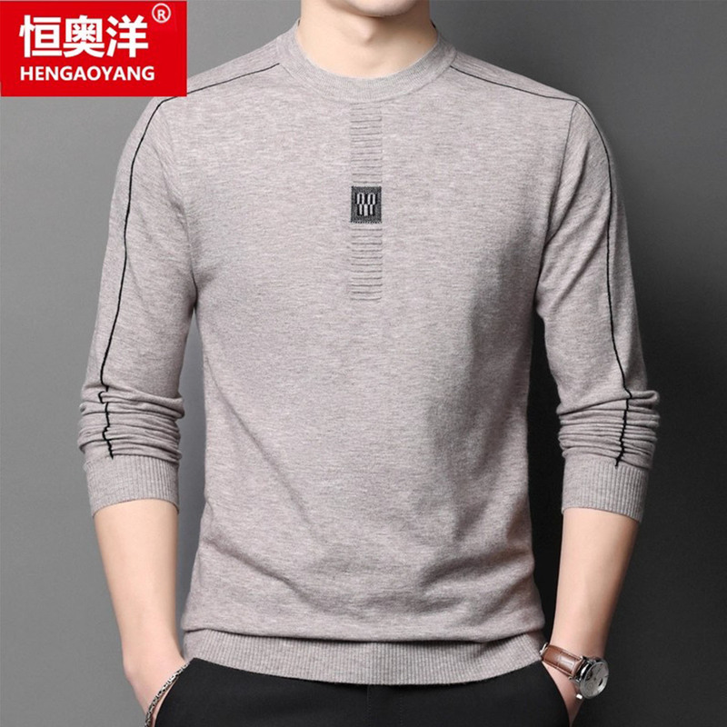 Men's Wool Sweater, Spring and Autumn Style, Knitted Round Neck Thin Sweater, Long-Sleeved T-Shirt, Fashionable Casual Base Shirt