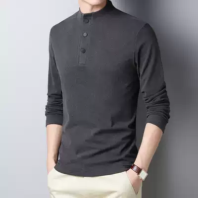 Men's long sleeve round neck T-shirt solid color double-sided velvet loose t-shirt young and middle-aged semi-tall collar men's autumn shirt