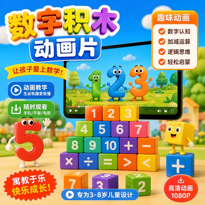 Digital Building Block Animation Series Chinese and English Versions Video and Audio Scripts Season 1-8 Number Building Block Animation Materials