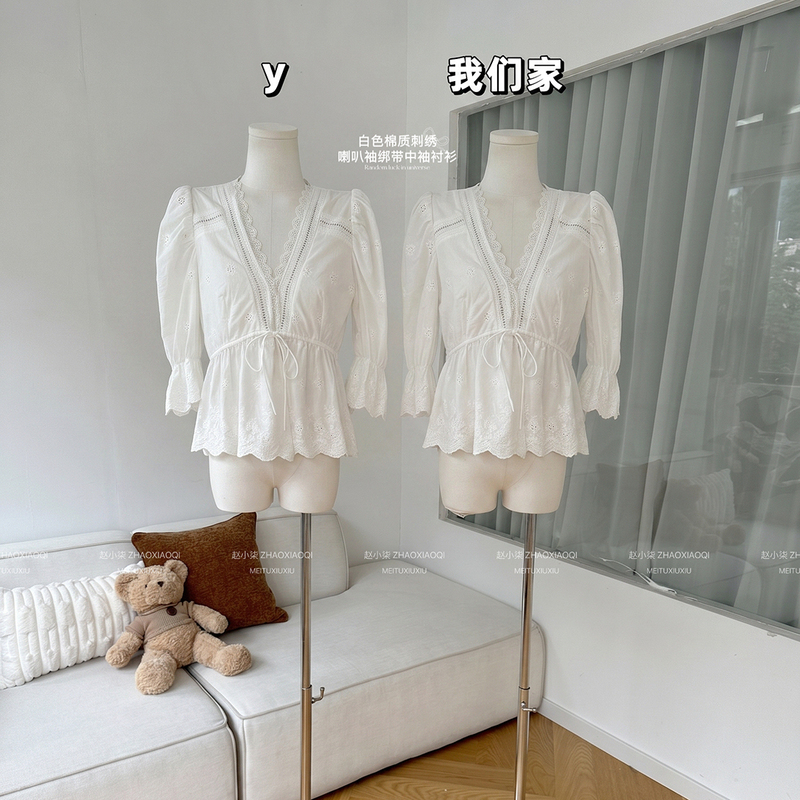 Late July White Cotton Embroidered Lace Bell-Sleeve V-Neck Top for Women, Spring/Summer Waist-Tie Mid-Sleeve Shirt