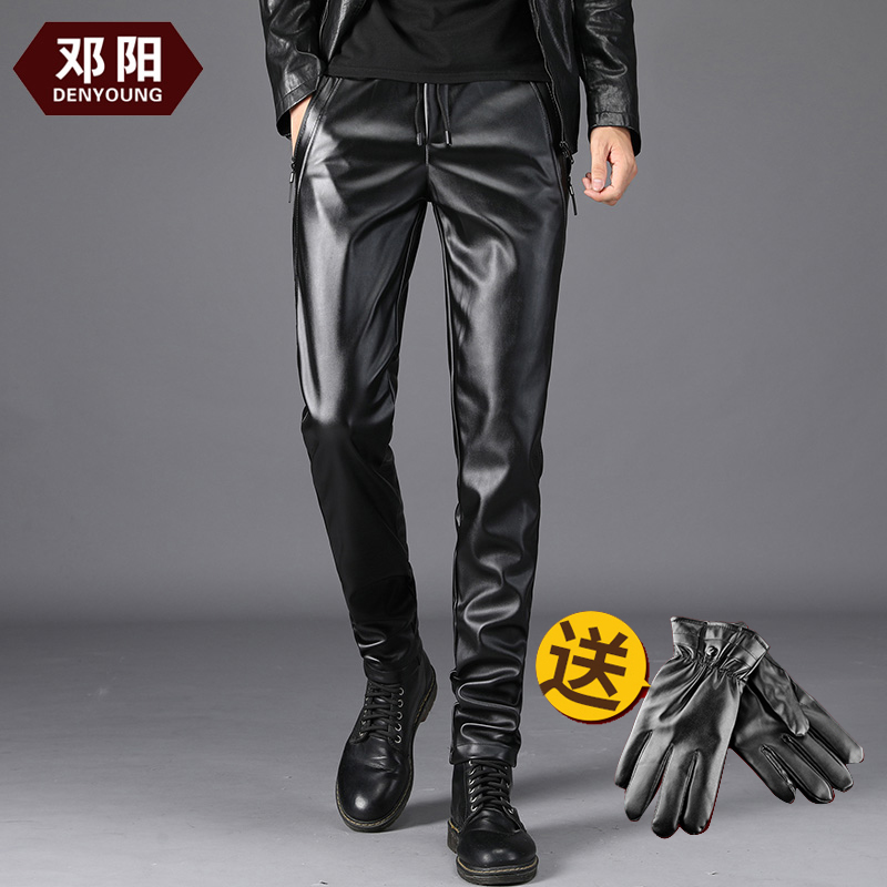 Deng Yang leather pants male slim plus velvet thickened warm motorcycle spring and autumn and winter elastic Korean version of the tide elastic waist waterproof and windproof