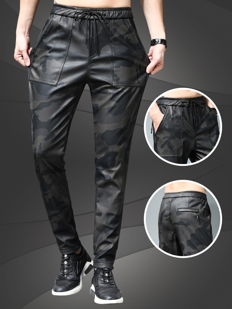 Camouflage Fixing Stretch Stretch Boy Tide Boy Tide Motorcycle plus thick autumn and winter locomotive leather pants pu youth