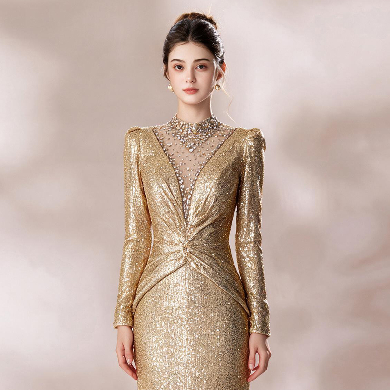 Gold Sequin Heavy Embellishment Long-Sleeve Evening Dress for Women 2026 New High-End Fishtail Waist-Cinching Party Host Dress Gold Sequin Heavy Embellishment Long-Sleeve Evening Dress for Women 2026 New High-End Fishtail Waist-Cinching Party Host Dress