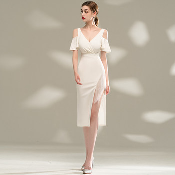 White small evening dress female 2022 new aura queen sexy lady banquet host temperament tassel dress
