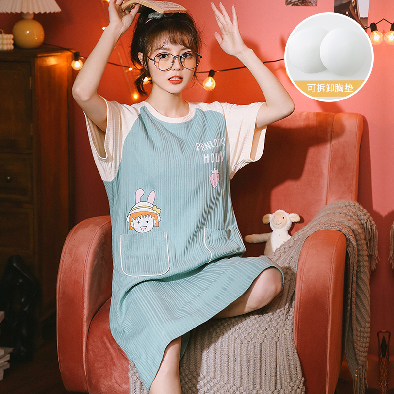 Dresses with chest cushions for women summer cotton short sleeves oversize free to wear underwear cartoon schoolgirl homewear fat MM pajamas