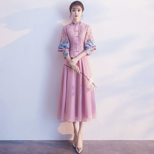 Розовое демисезонное платье подружки невесты, традиционный свадебный наряд Сюхэ, вечернее платье, длинная юбка, 2020, китайский стиль, подходит для подростков, средней длины