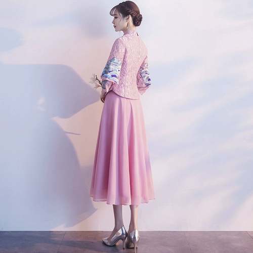 Розовое демисезонное платье подружки невесты, традиционный свадебный наряд Сюхэ, вечернее платье, длинная юбка, 2020, китайский стиль, подходит для подростков, средней длины