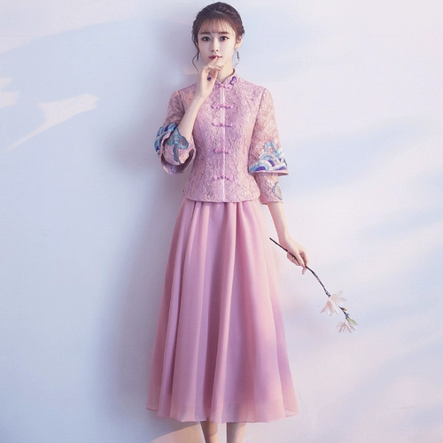 Розовое демисезонное платье подружки невесты, традиционный свадебный наряд Сюхэ, вечернее платье, длинная юбка, 2020, китайский стиль, подходит для подростков, средней длины