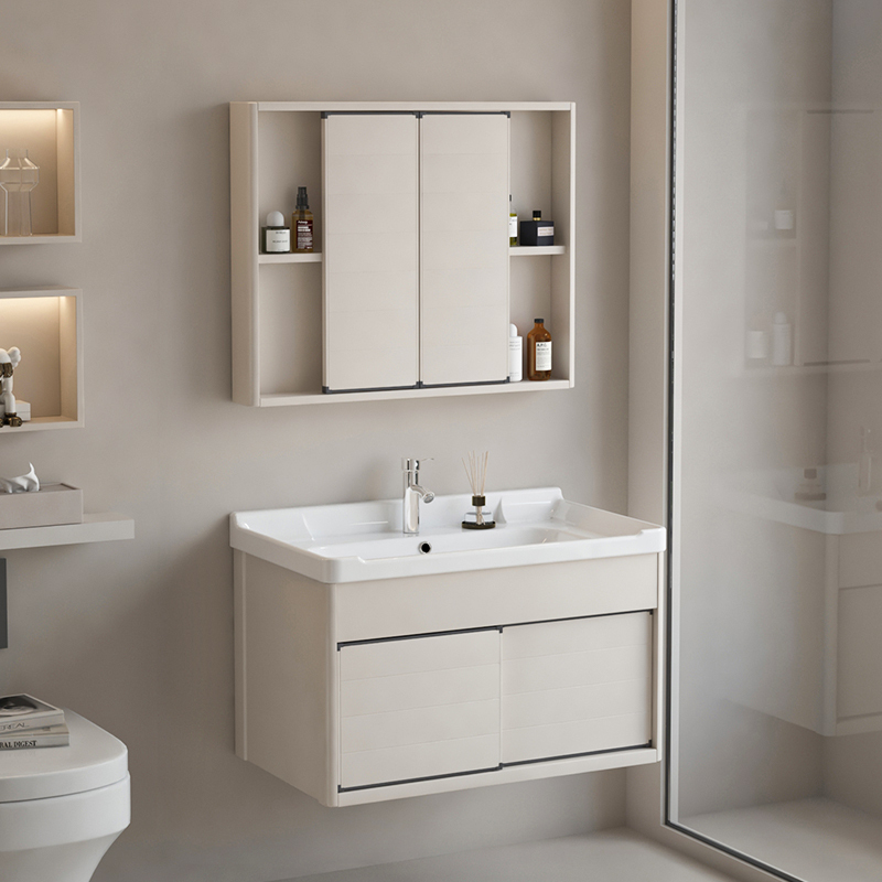 Simple Space Aluminum Bathroom Ceramic Integrated Basin Washstand Sink with Sliding Mirror Cabinet Bathroom Cabinet Set Simple Space Aluminum Bathroom Ceramic Integrated Basin Washstand Sink with Sliding Mirror Cabinet Bathroom Cabinet Set