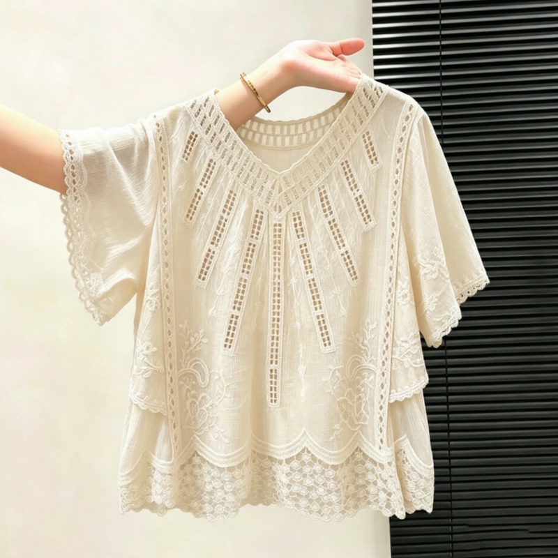 Plus-Size French Bohemian Style Hollow Crochet Half-Sleeve T-Shirt for Women, Summer Loose Fit, Slimming and Elegant Top for Chubby Women Plus-Size French Bohemian Style Hollow Crochet Half-Sleeve T-Shirt for Women, Summer Loose Fit, Slimming and Elegant Top for Chubby Women