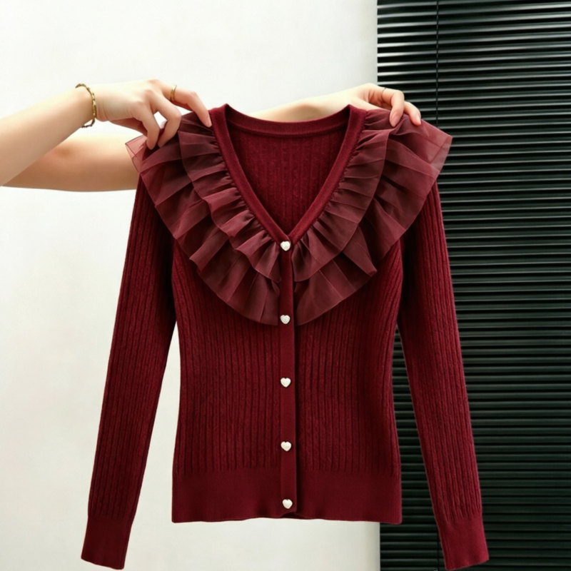Plus-Size Women's French-Style Ruffled Solid Color Simple Long-Sleeve Knit Sweater for Autumn, Versatile and Slimming, Elegant Top