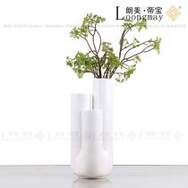 Modern light luxury model room sales office Minimalist soft decoration crafts ornaments white ceramic three-hole round tube flower