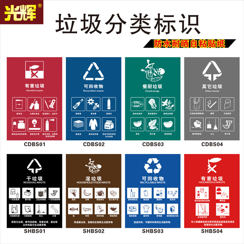 Garbage classification logo Shanghai trash sticker Wet and dry garbage recyclable Hazardous waste label Chengdu hazardous waste recyclable Food waste Other garbage prompt stickers