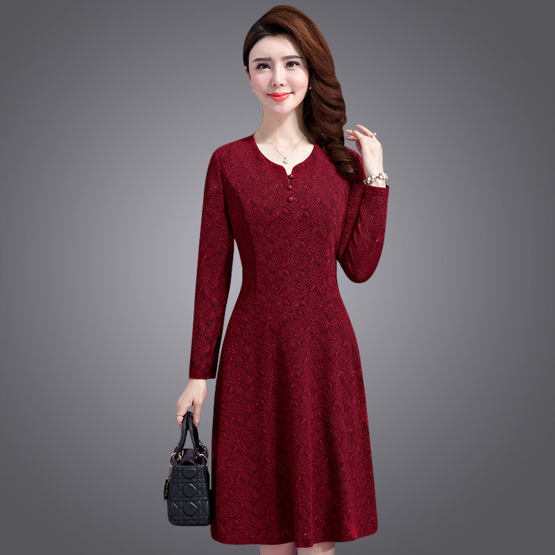Middle-aged women's spring and autumn long-sleeved dress elegant temperament large size waist slimming happy mother-in-law wedding mother skirt