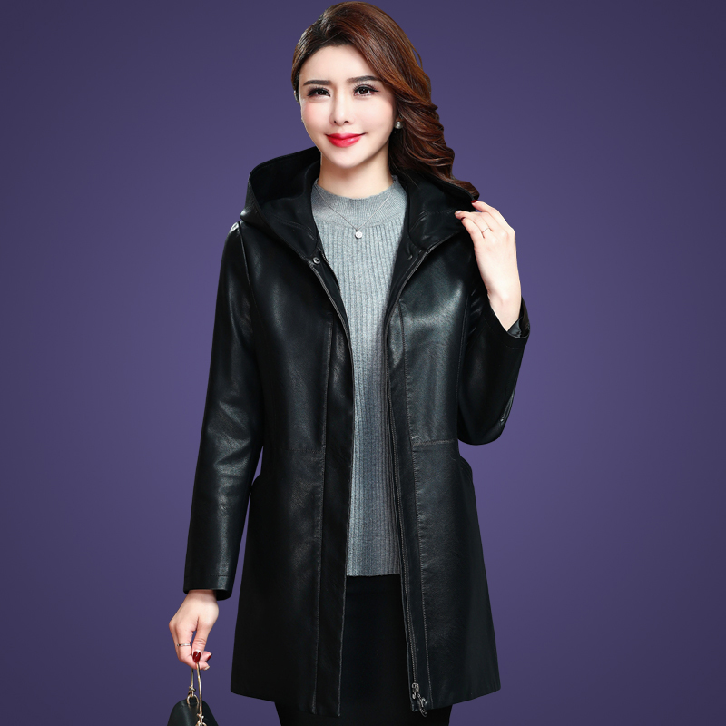 Haining leather coat women's mid-length version 2022 spring and autumn new plus size loose middle-aged mother's hooded trench coat
