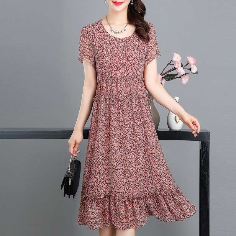 Floral dress women 2021 summer new size belly cover thin middle-aged fat woman short-sleeved temperament chiffon skirt