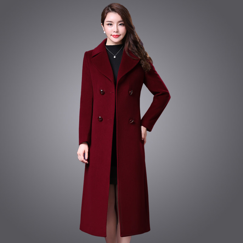 Off-season clearance woolen coat women's long autumn and winter double-breasted slim fit over-the-knee cashmere woolen coat