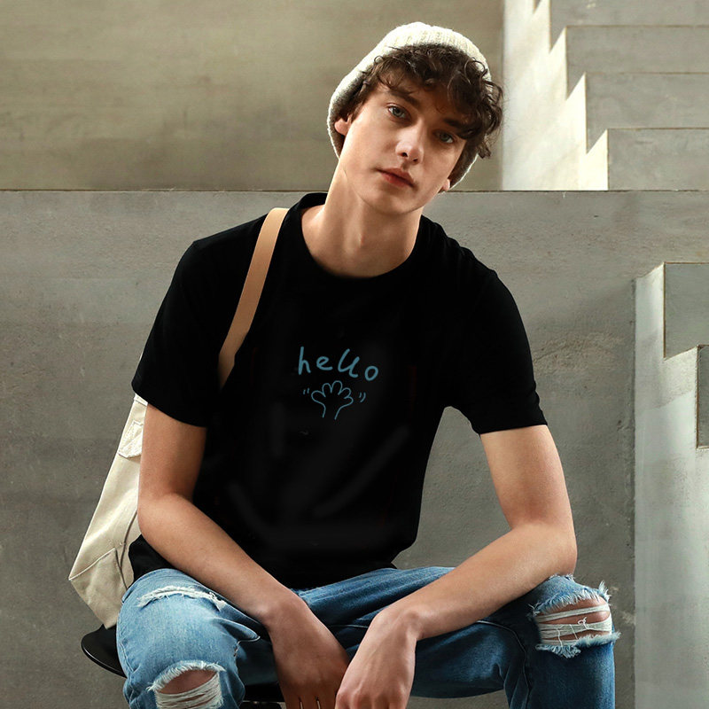 Summer minimalist white printed T-shirt short sleeve boy little fresh pattern Fashion pure cotton loose half sleeve lover t