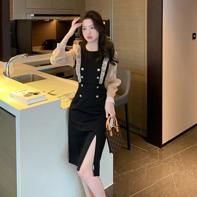 Early autumn long-sleeved black slit dress autumn 2022 new women's waist waist temperament celebrity Hepburn style little black dress