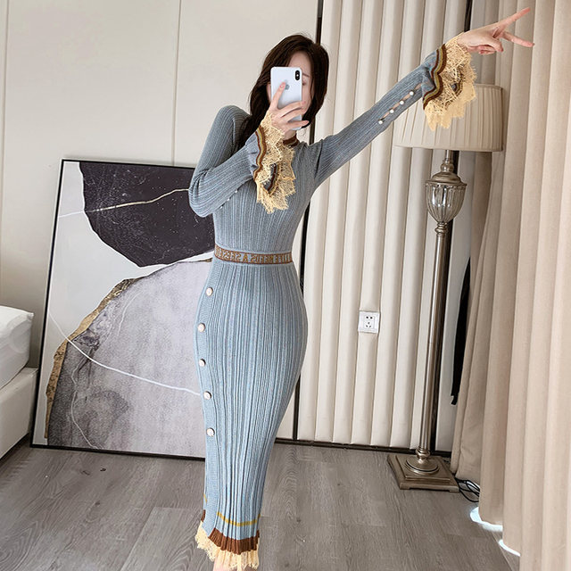 Knitted dress autumn 2022 new women's mid-length slit slim-fit over-the-knee bottoming coat sweater skirt