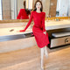 Red knitted mesh dress women's autumn and winter mid-length over-the-knee bottoming sweater pleated skirt with coat