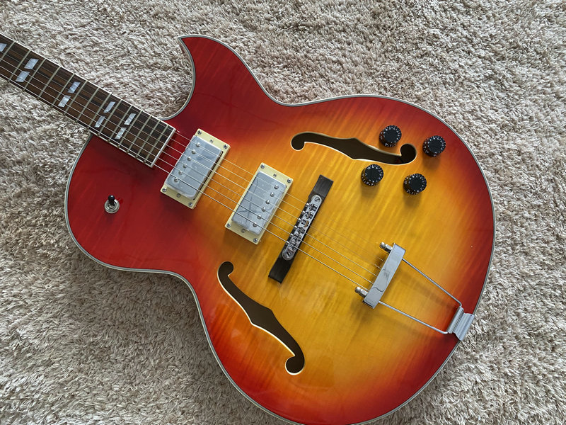 Exit Tail Single Full Hollow Jazz Jazz Electric Guitar Thin body front and back side maple wood tiger vein CS color Professional class-Taobao