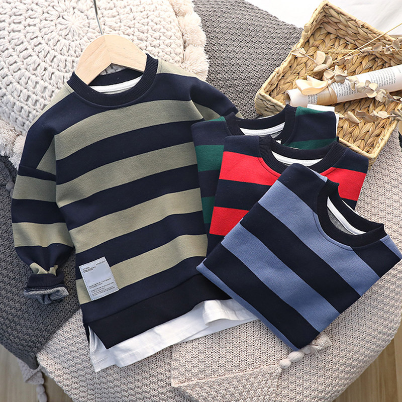 Boys sweater 2021 spring new yarn-dyed striped fake two-piece casual round neck top children's spring and autumn pullover