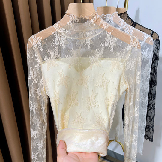 High collar plus velvet lace bottoming shirt for women 2024 new fungus edge high-end layering wear with mesh warm shirt