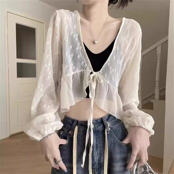 ເສື້ອເຊີດ lace ruffled ສໍາລັບແມ່ຍິງ summer 2025 ເສື້ອນອກບາງໆ ປ້ອງກັນແສງແດດ ເສື້ອ cardigan ແຂນຍາວເທິງ
