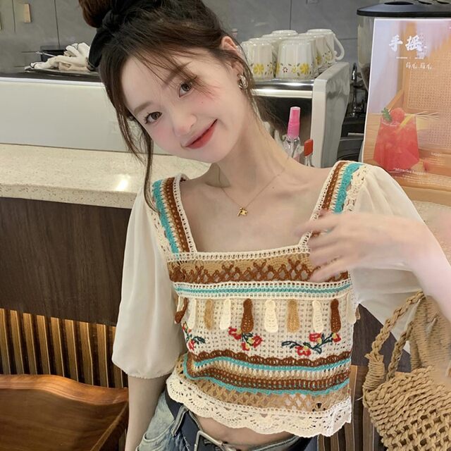 ເສື້ອຍືດຄໍສັ້ນ knitted top ສໍາລັບແມ່ຍິງ summer bohemian ຊົນເຜົ່າ ice silk chic ບ່າຂວາ jazz ແອວສັ້ນ sleeve ເສື້ອທີເຊີດ