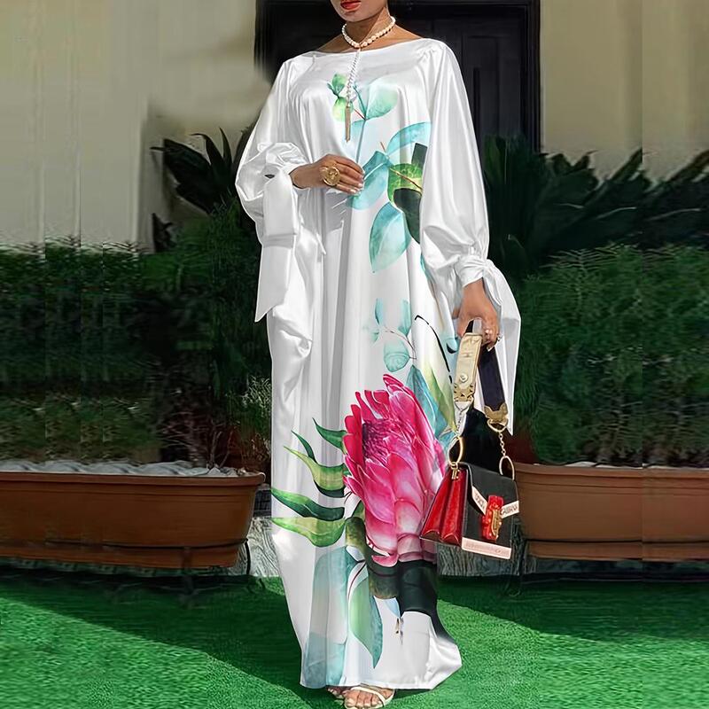 Amazon Cross-Border Indian Print Party Elegant Women's Satin Long Dress African Robe Plus Size Dress